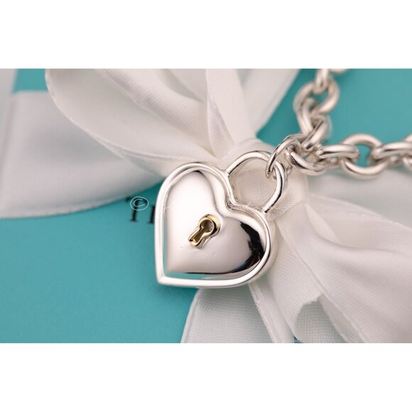 Tiffany & Co. Heart Lock Necklace Thick 16" Chain 18k Gold Sterling Silver - Picture 2 of 8
